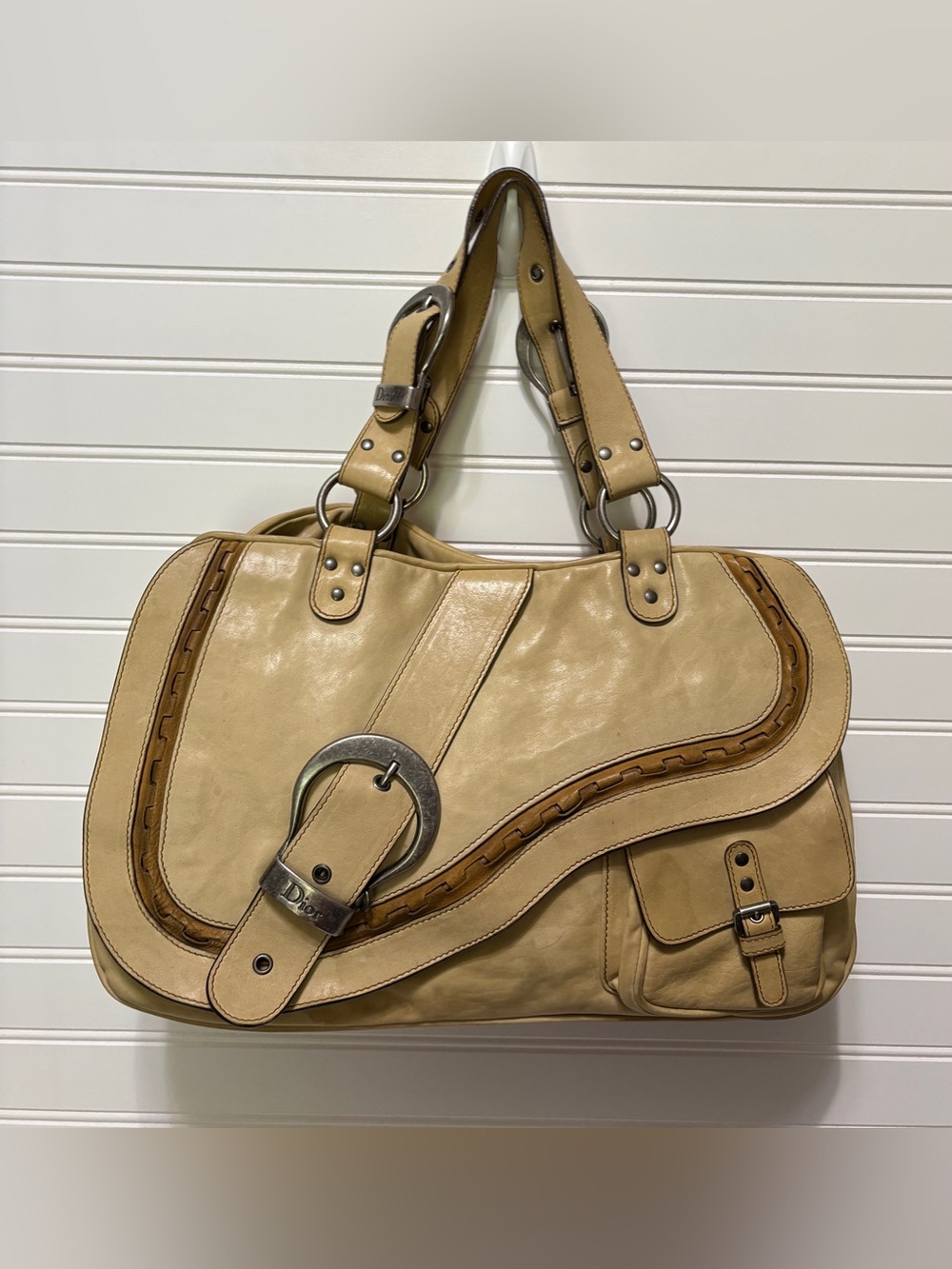 CHRISTIAN DIOR Gaucho Beige Leather Vintage 2000's Y2K Saddle Hobo Shoulder Bag
